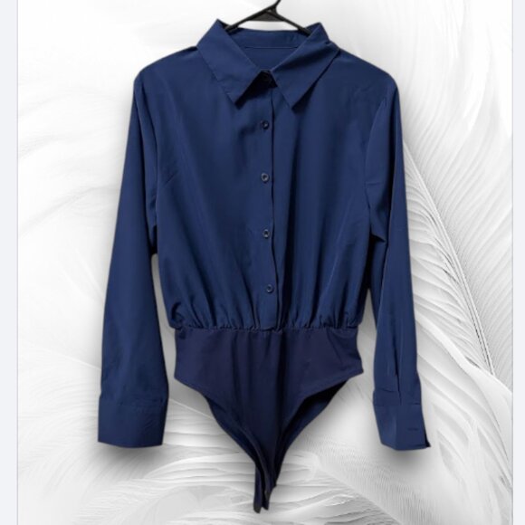 Navy Long Sleeve Button-Up Bodysuit Shirt – Size L - Picture 3 of 9